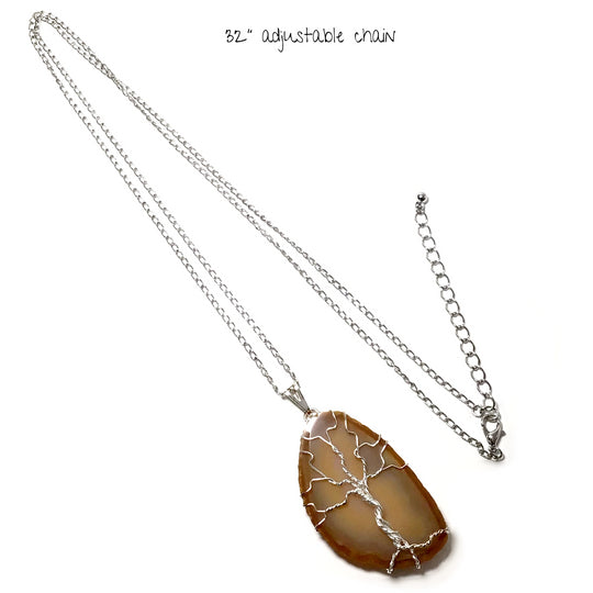 Tree of Life on Agate Slice Necklace - Silver Plated - Rocks and Gems Canada