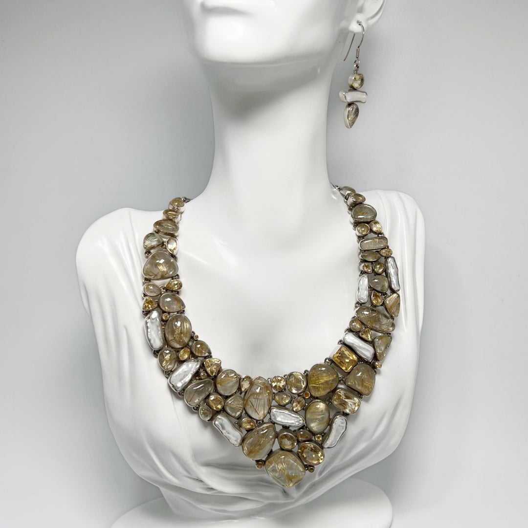 Rutilated Quartz, Citrine and Pearl Necklace and Earrings Set - Rocks and Gems Canada