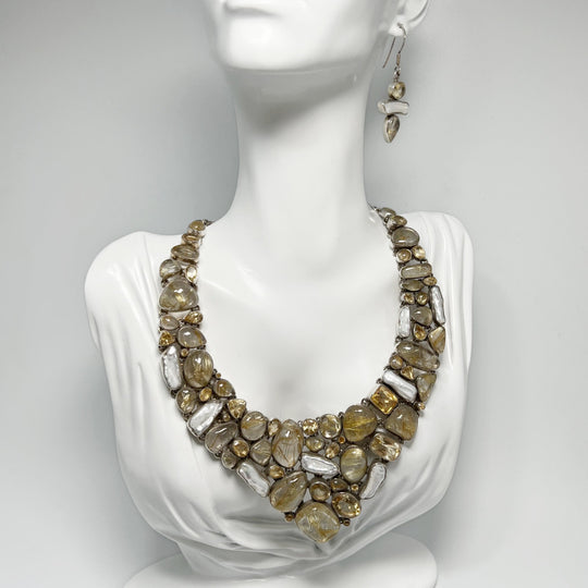 Rutilated Quartz, Citrine and Pearl Necklace and Earrings Set - Rocks and Gems Canada