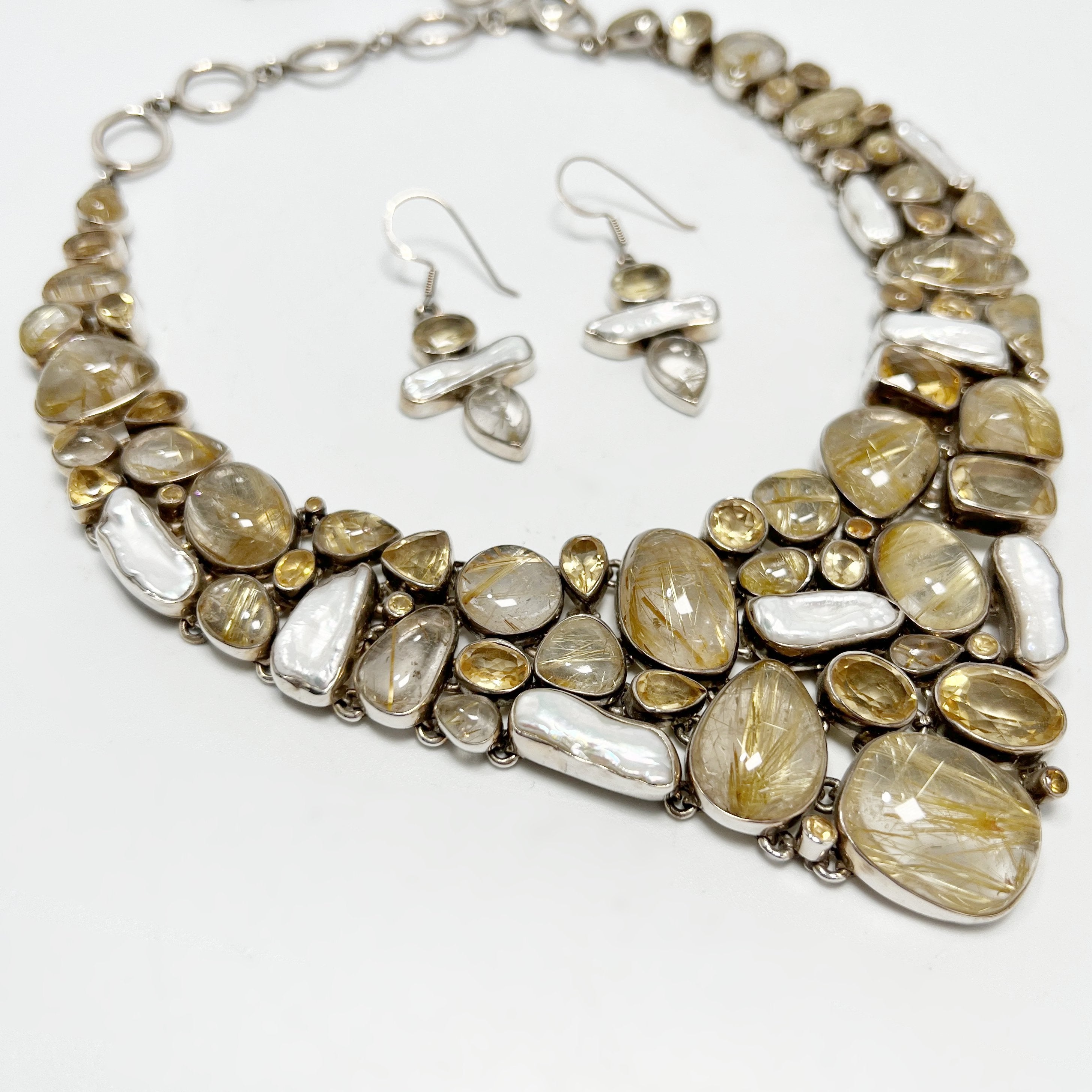 Rutilated Quartz, Citrine and Pearl Necklace and Earrings Set - Rocks and Gems Canada