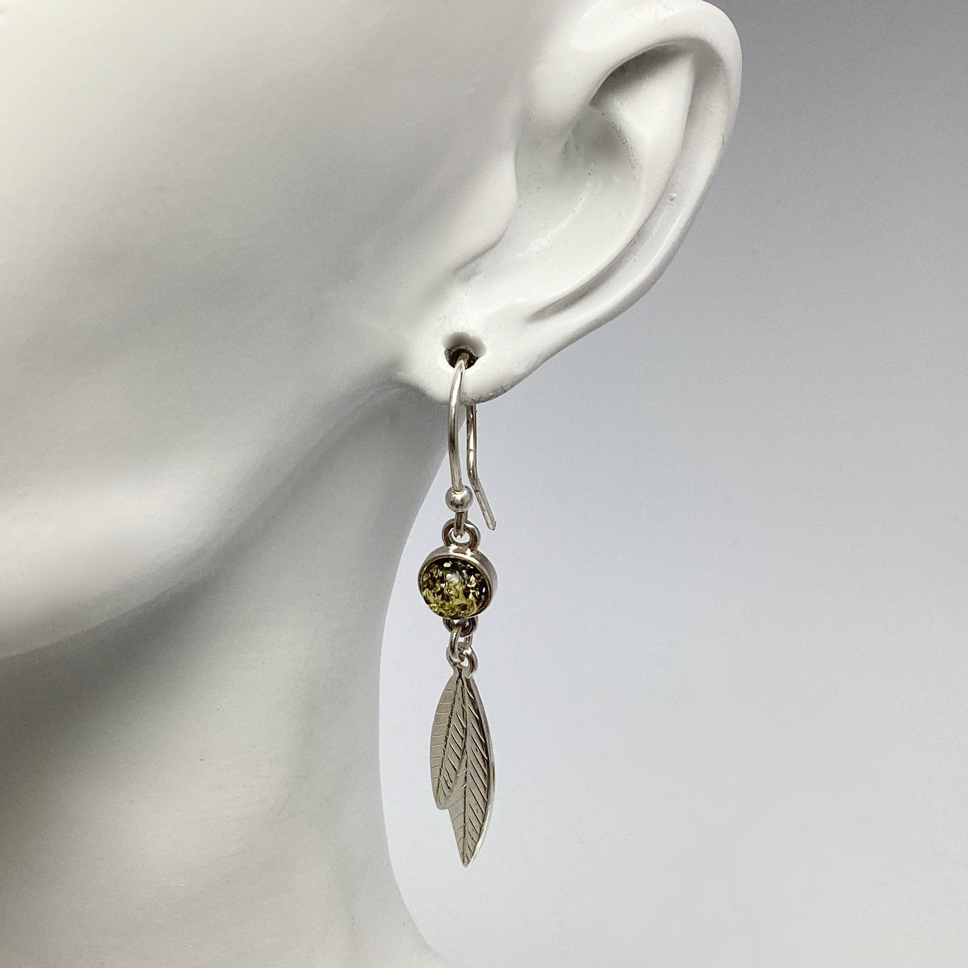 Green Amber Feather Dangle Earrings