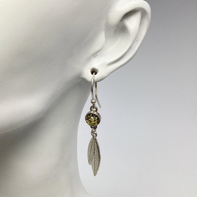 Green Amber Feather Dangle Earrings