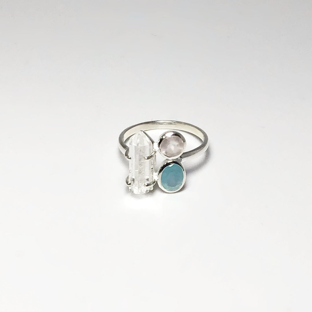 Quartz Point, Aqua Chalcedony and Rose Quartz Ring - Rocks and Gems Canada