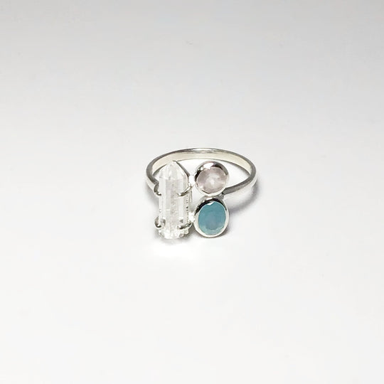 Quartz Point, Aqua Chalcedony and Rose Quartz Ring - Rocks and Gems Canada