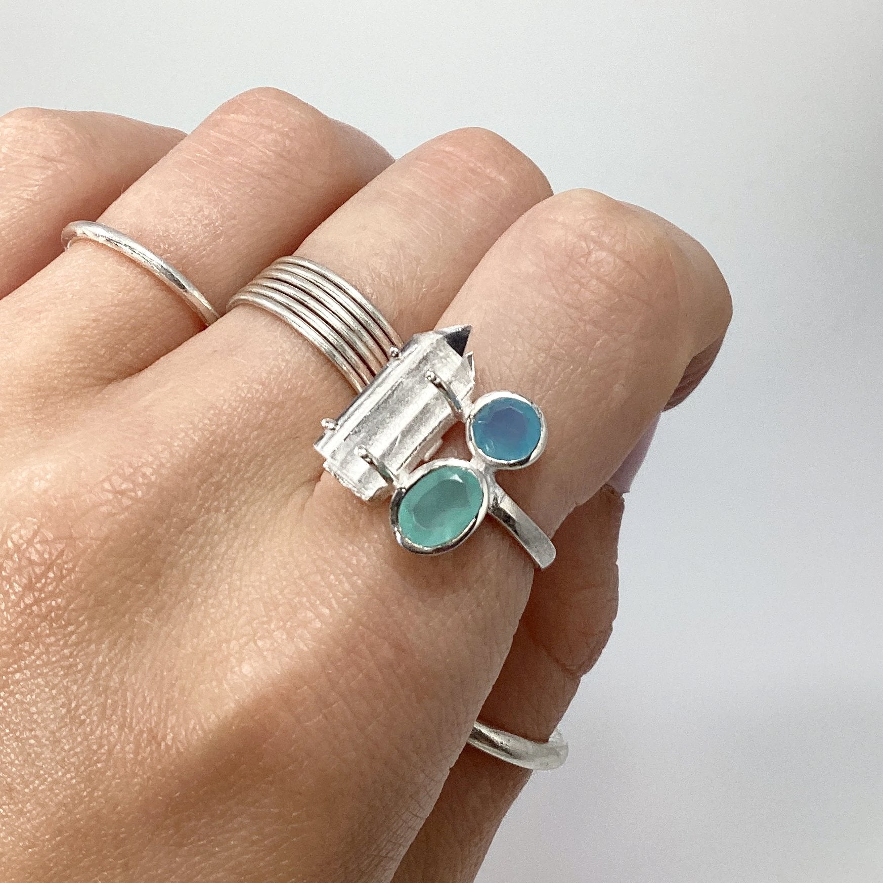 Quartz Point, Green Chalcedony and Blue Chalcedony Ring - Rocks and Gems Canada