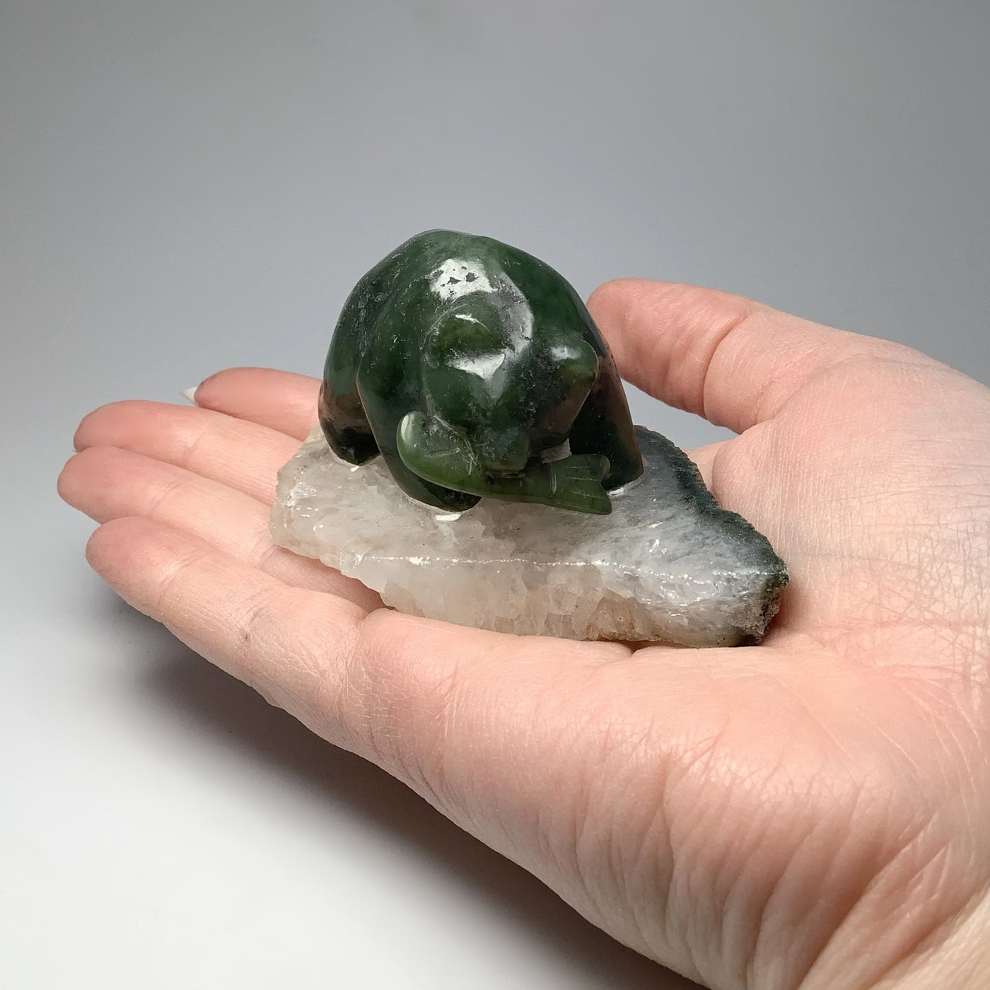 BC Jade Bear with Fish Carving on Natural Agate Base