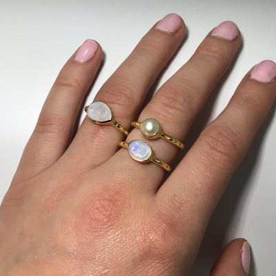 Triple Ring Set - Rainbow Moonstone and Pearl