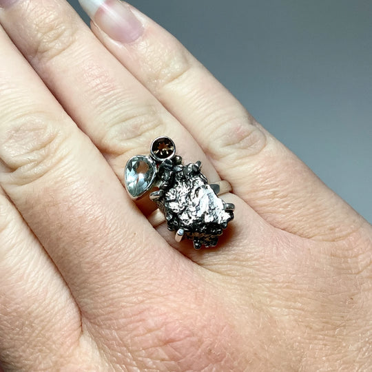 Campo Del Cielo Meteorite, Green Amethyst and Smoky Quartz Ring - Rocks and Gems Canada