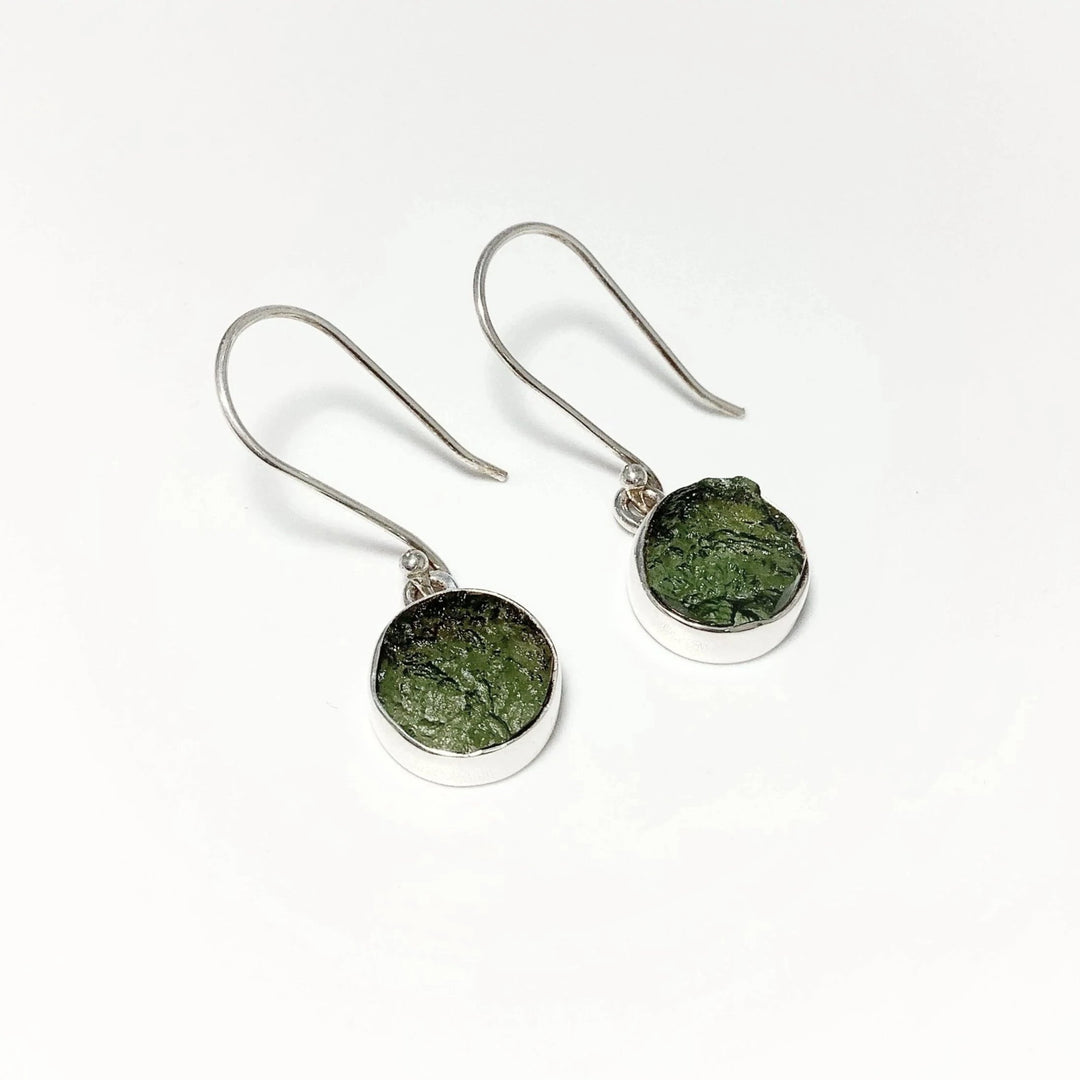 Moldavite Round Dangle Earrings - Rocks and Gems Canada