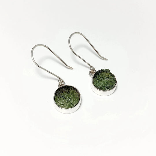 Moldavite Round Dangle Earrings - Rocks and Gems Canada