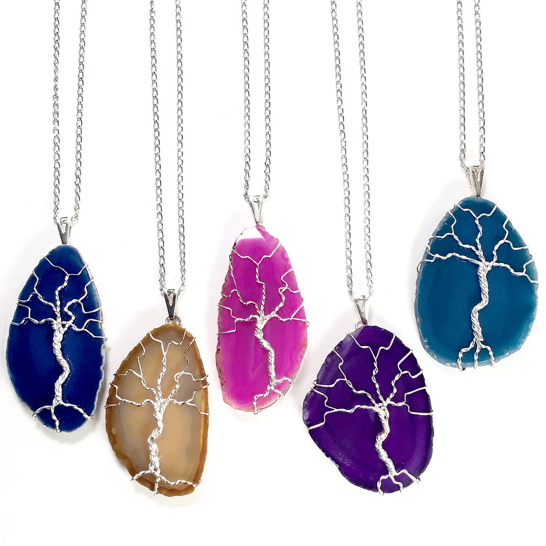 Tree of Life on Agate Slice Necklace - Silver Plated - Rocks and Gems Canada