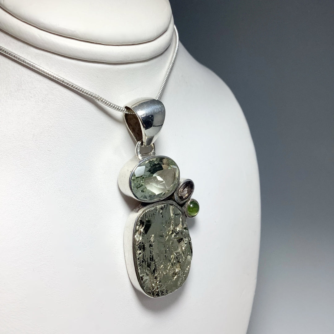 Iron Pyrite, Green Amethyst, Smoky Quartz and Peridot Pendant - Rocks and Gems Canada