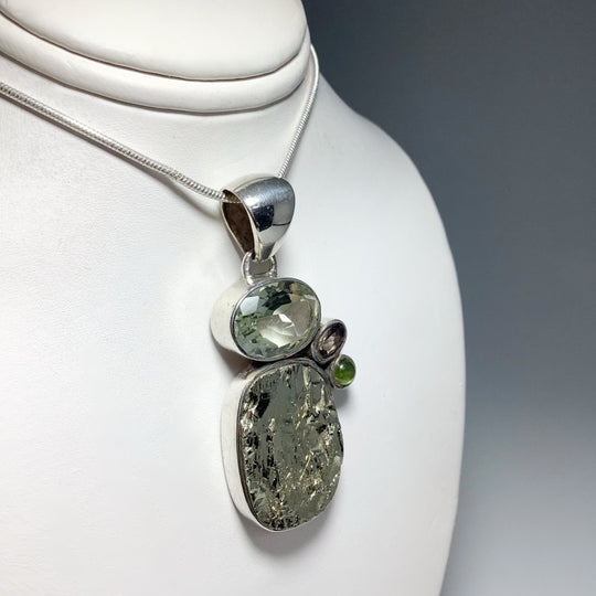 Iron Pyrite, Green Amethyst, Smoky Quartz and Peridot Pendant - Rocks and Gems Canada