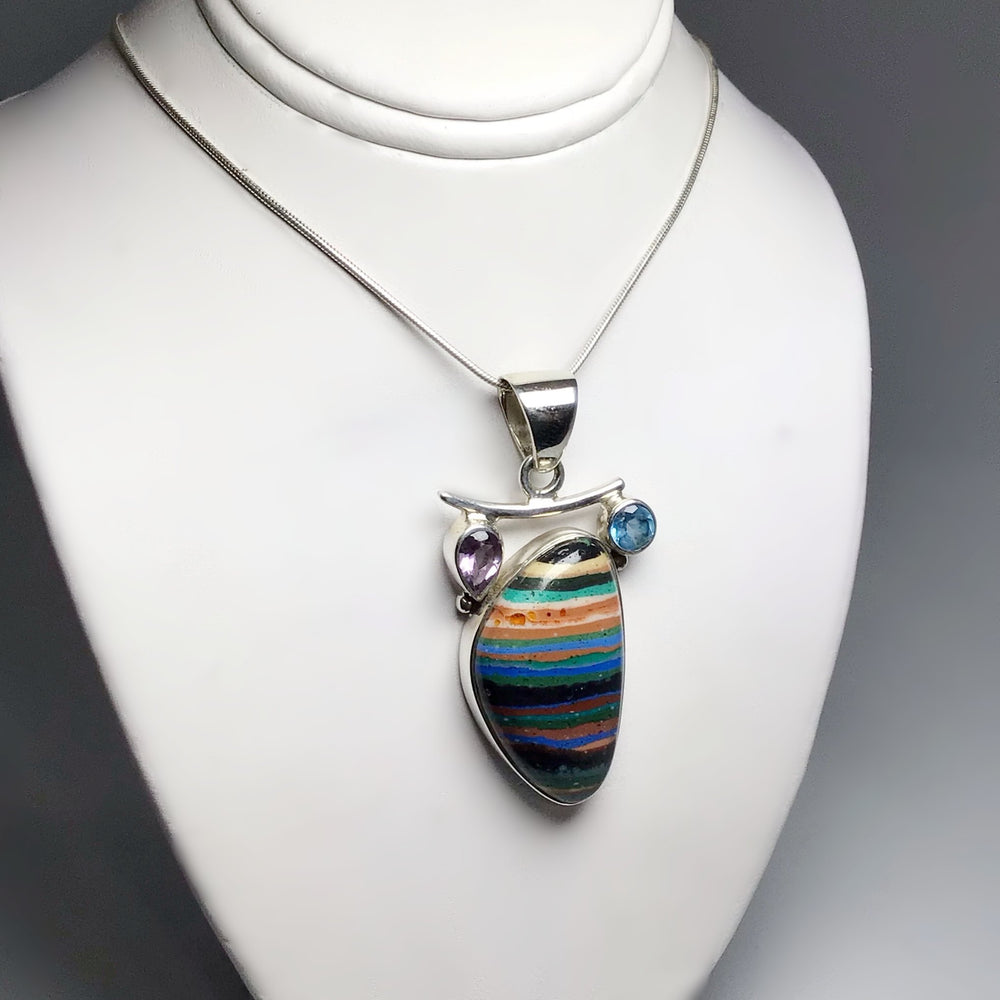 Rainbow Calcite, Blue Topaz and Amethyst Pendant - Rocks and Gems Canada