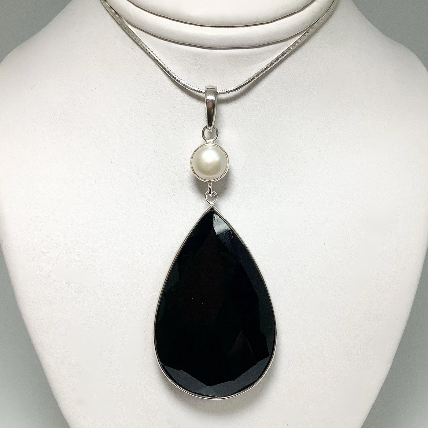 Faceted Black Onyx and Pearl Pendant