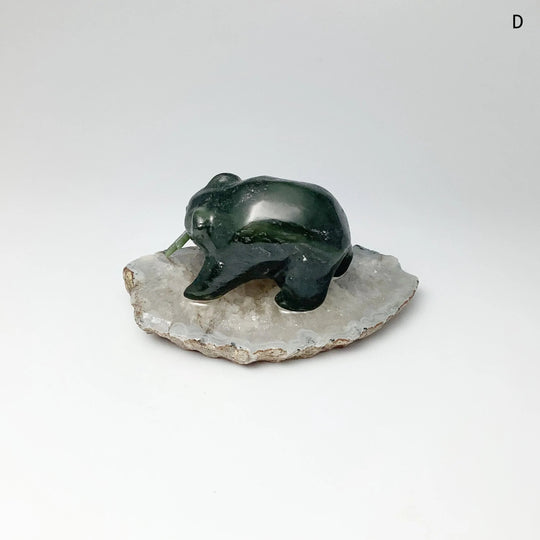 BC Jade Bear with Fish Carving on Natural Agate Base - Rocks and Gems Canada