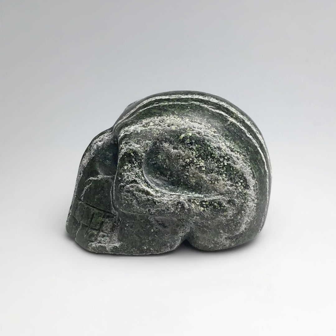 Carved Green Zebra Jasper Skull - Rocks and Gems Canada