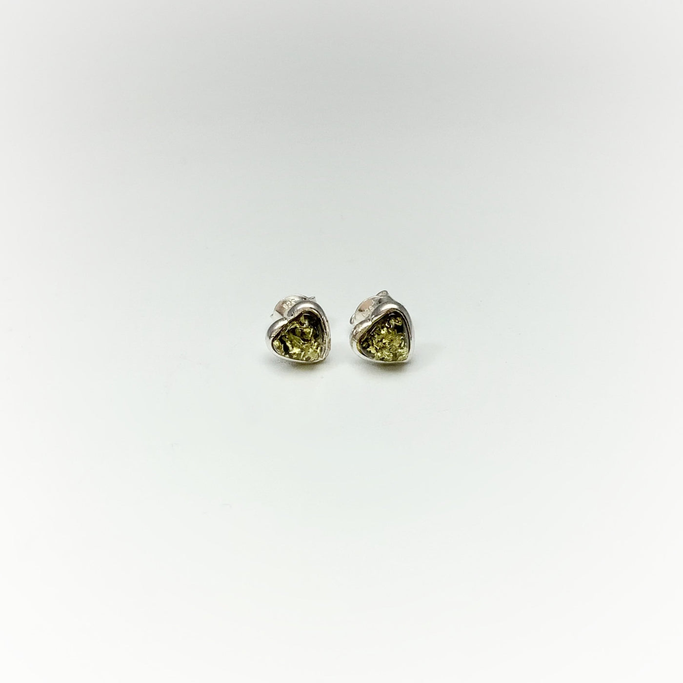 Green Amber Heart Stud Earrings