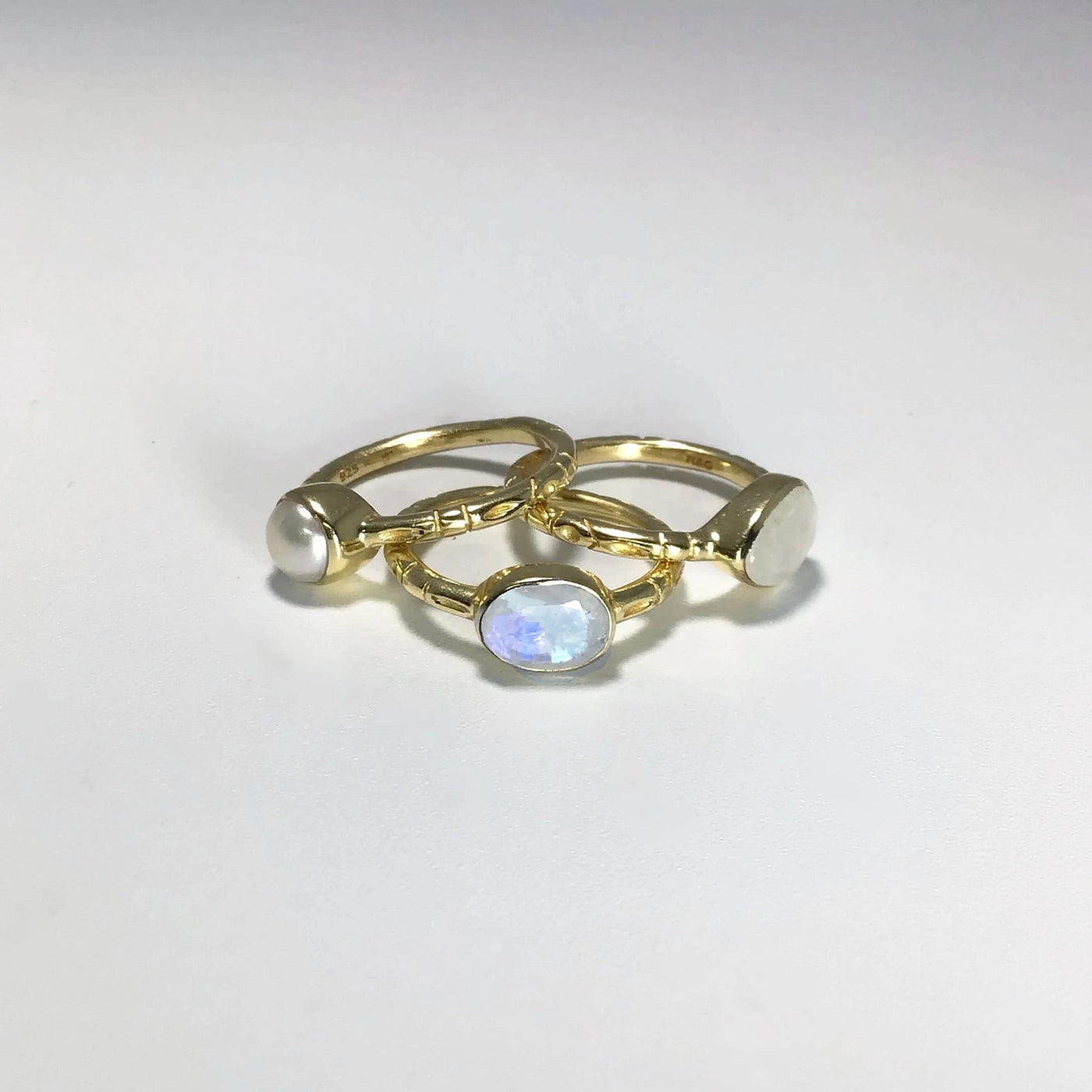 Triple Ring Set - Rainbow Moonstone and Pearl