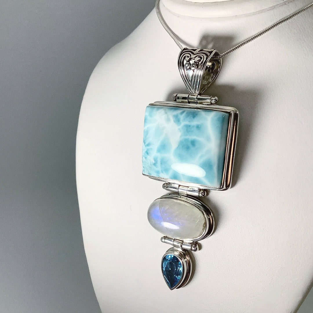Larimar, Rainbow Moonstone and Blue Topaz Pendant - Rocks and Gems Canada