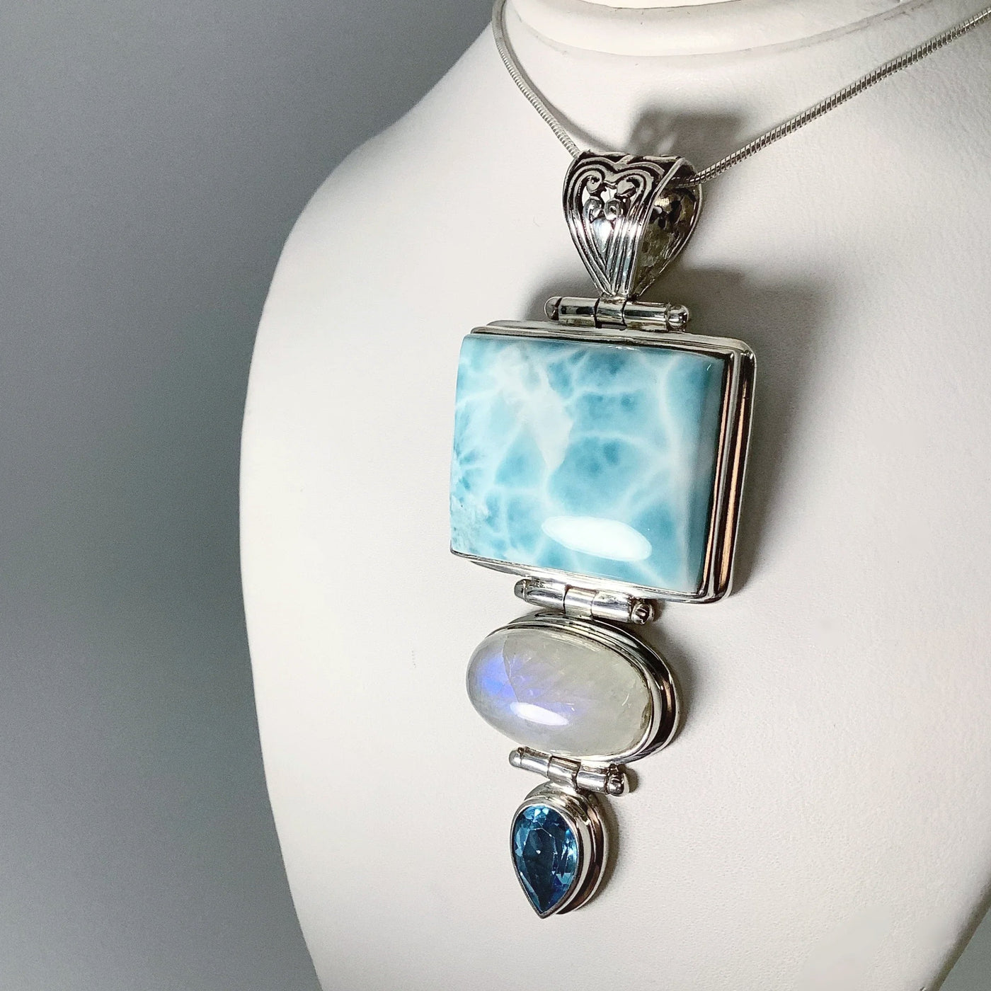 Larimar, Rainbow Moonstone and Blue Topaz Pendant