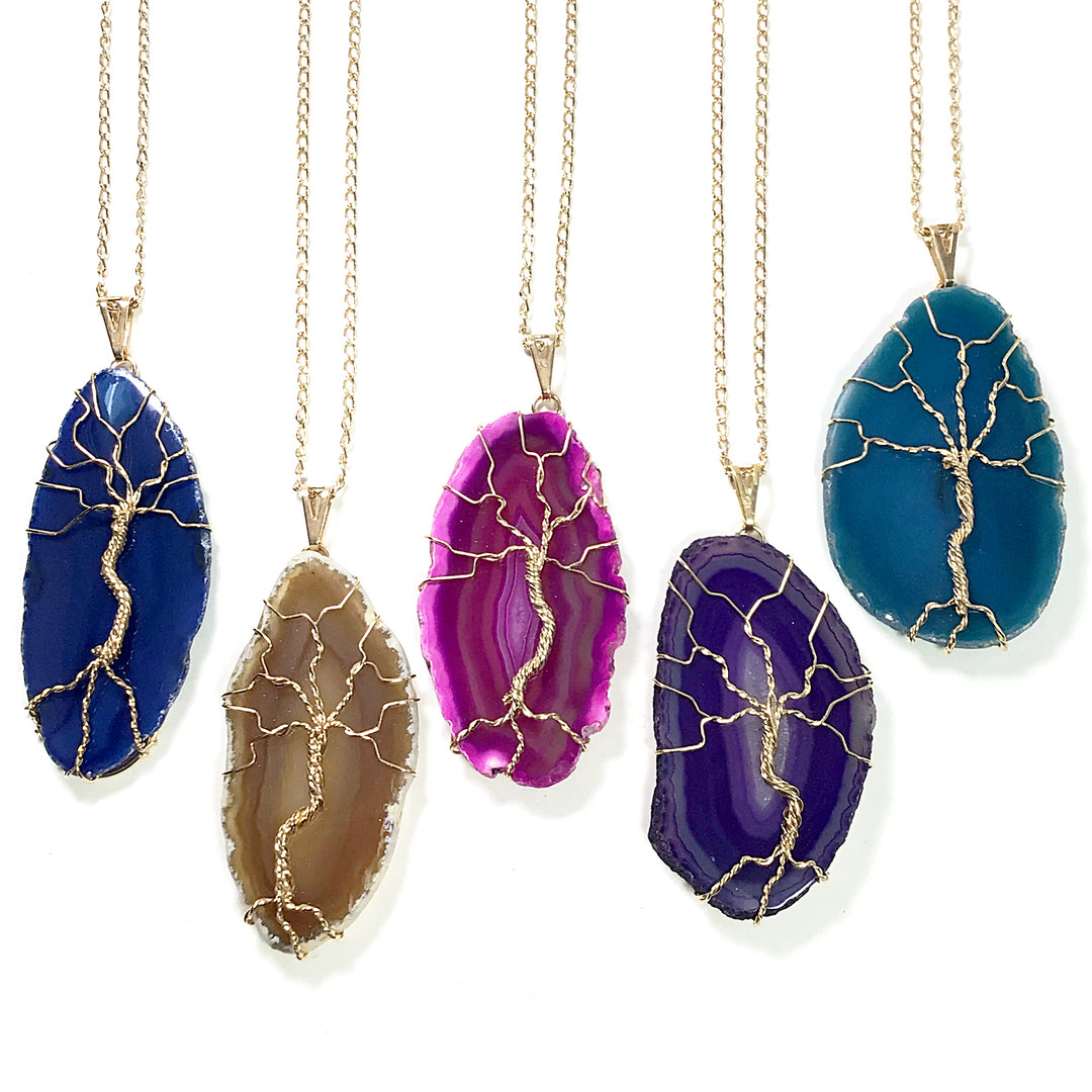 Tree of Life on Agate Slice Necklace - Gold Plated - Rocks and Gems Canada