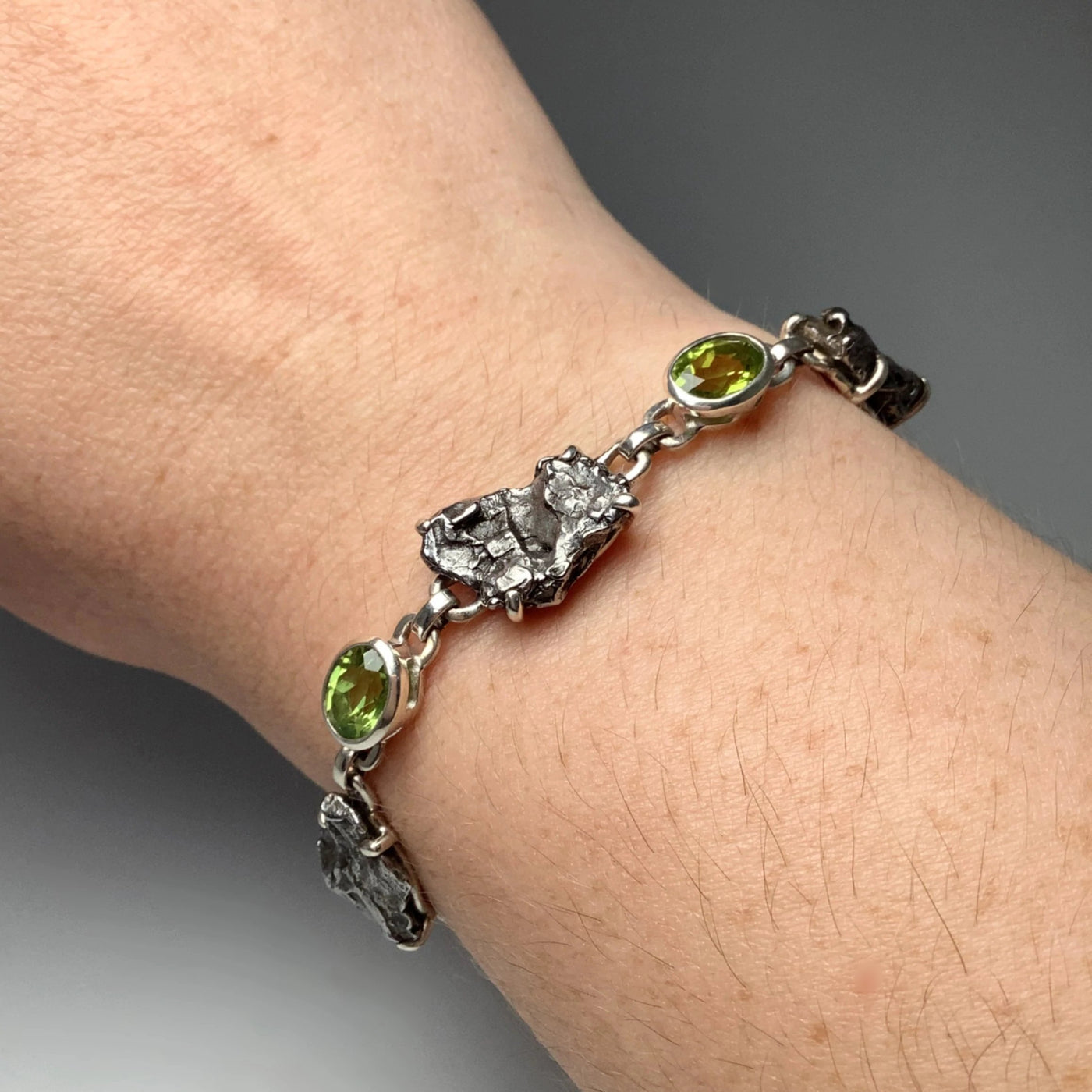 Campo Del Cielo Meteorite and Faceted Peridot Sterling Silver Bracelet