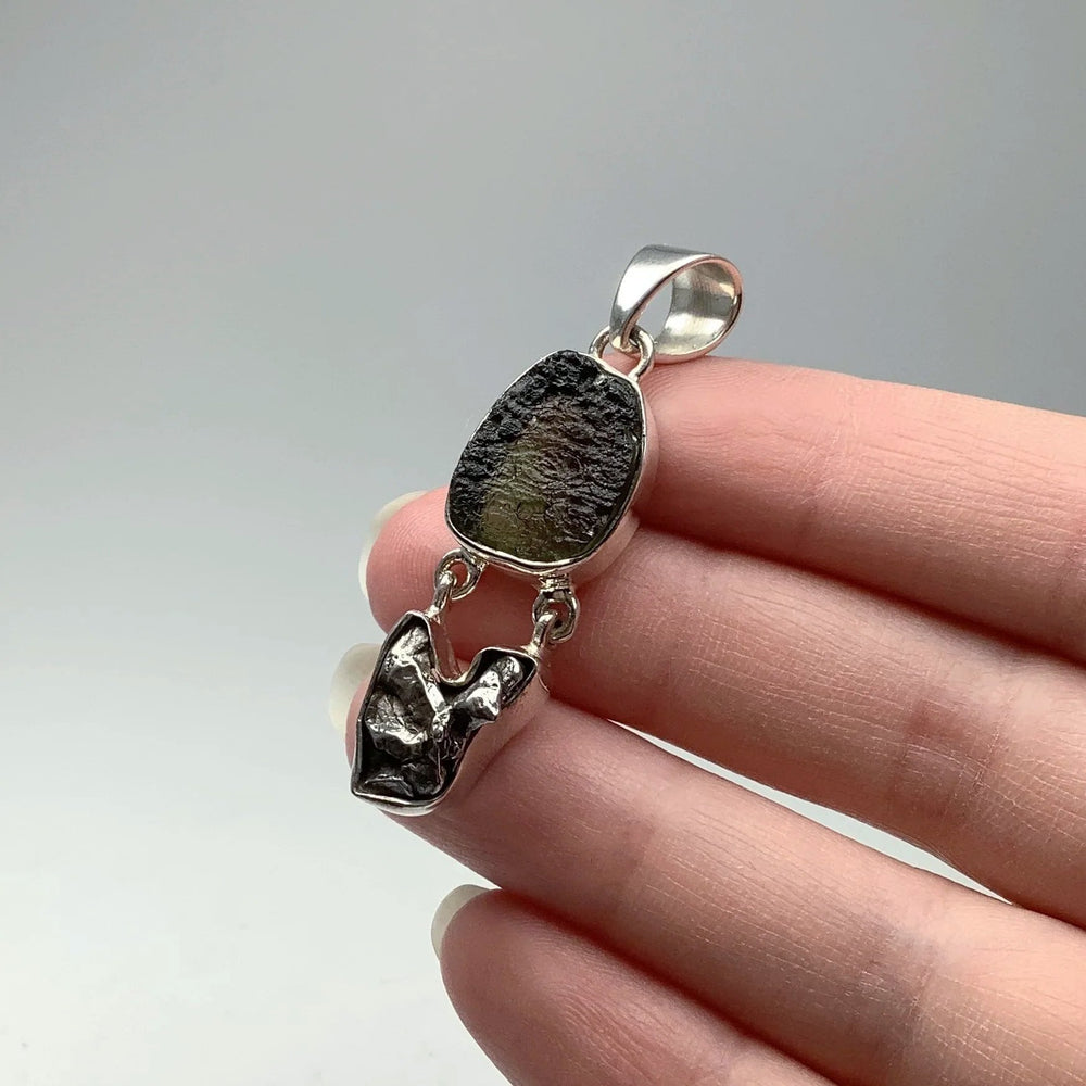 Moldavite with Campo Del Cielo Meteorite Pendant - Rocks and Gems Canada