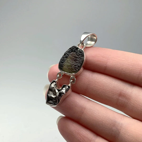 Moldavite with Campo Del Cielo Meteorite Pendant - Rocks and Gems Canada