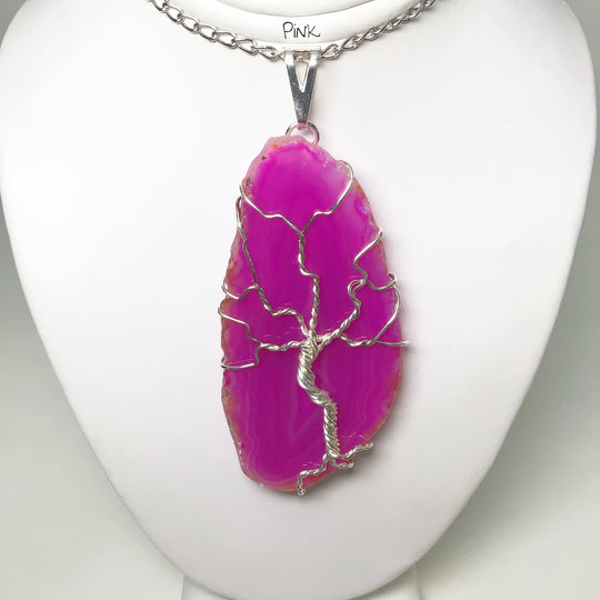 Tree of Life on Agate Slice Necklace - Silver Plated - Rocks and Gems Canada