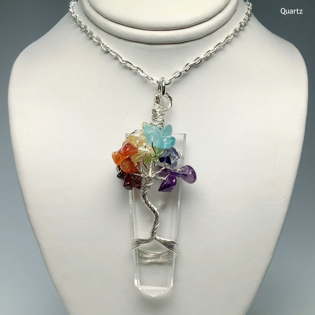 Wire Wrapped Flat Point with Chakra Tree of Life Necklace - Rocks and Gems Canada