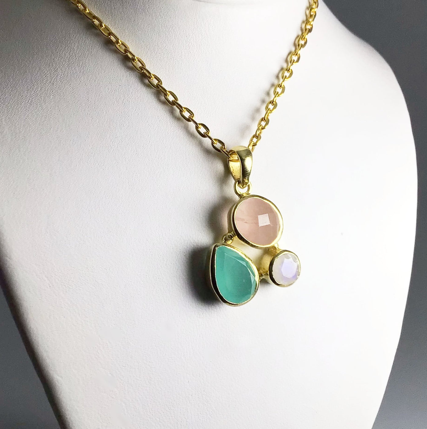 Rose Quartz, Green Chalcedony and Moonstone Pendant