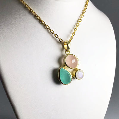 Rose Quartz, Green Chalcedony and Moonstone Pendant