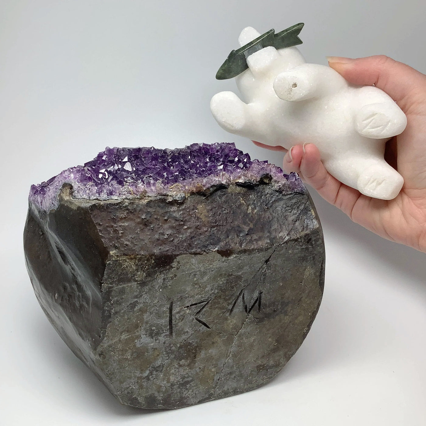 Star Marble Bear Carving with Canadian Jade Fish on Amethyst Base