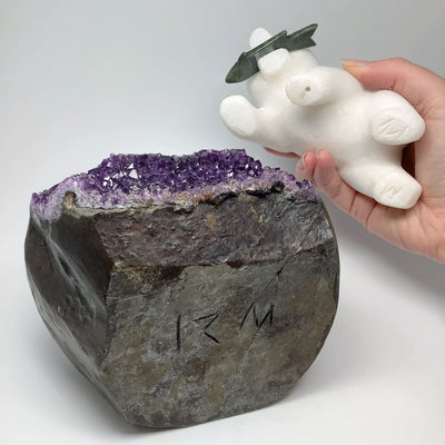 Star Marble Bear Carving with Canadian Jade Fish on Amethyst Base