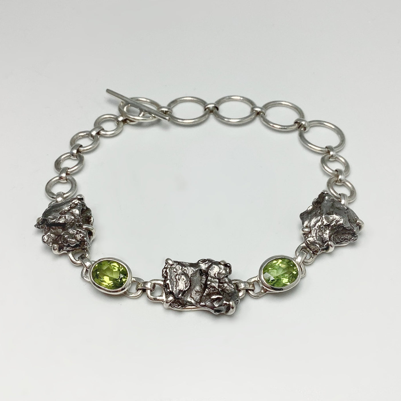 Campo Del Cielo Meteorite and Faceted Peridot Sterling Silver Bracelet