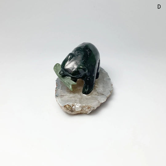 BC Jade Bear with Fish Carving on Natural Agate Base - Rocks and Gems Canada