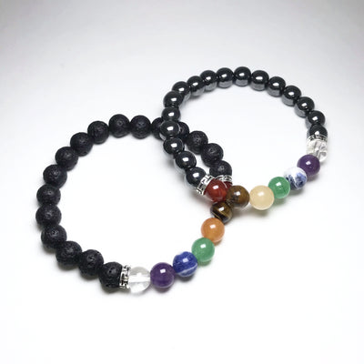 Chakra Beaded Bracelet Featuring Lava Stone or Hematite