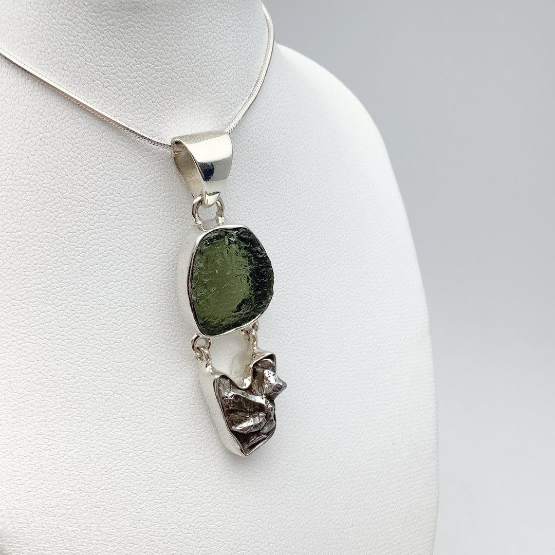 Moldavite with Campo Del Cielo Meteorite Pendant - Rocks and Gems Canada