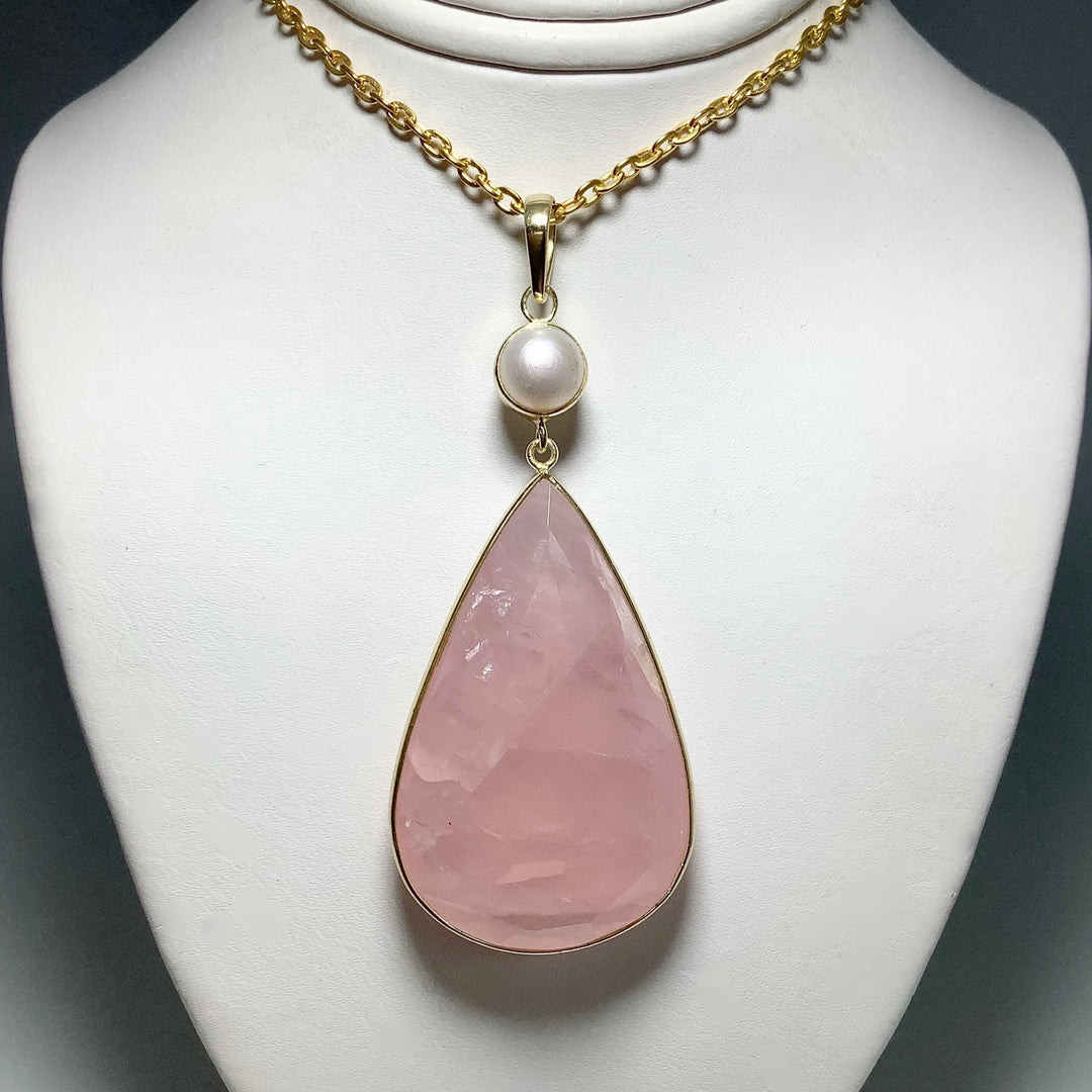 Faceted Rose Quartz and Pearl Pendant - Rocks and Gems Canada