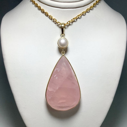 Faceted Rose Quartz and Pearl Pendant - Rocks and Gems Canada