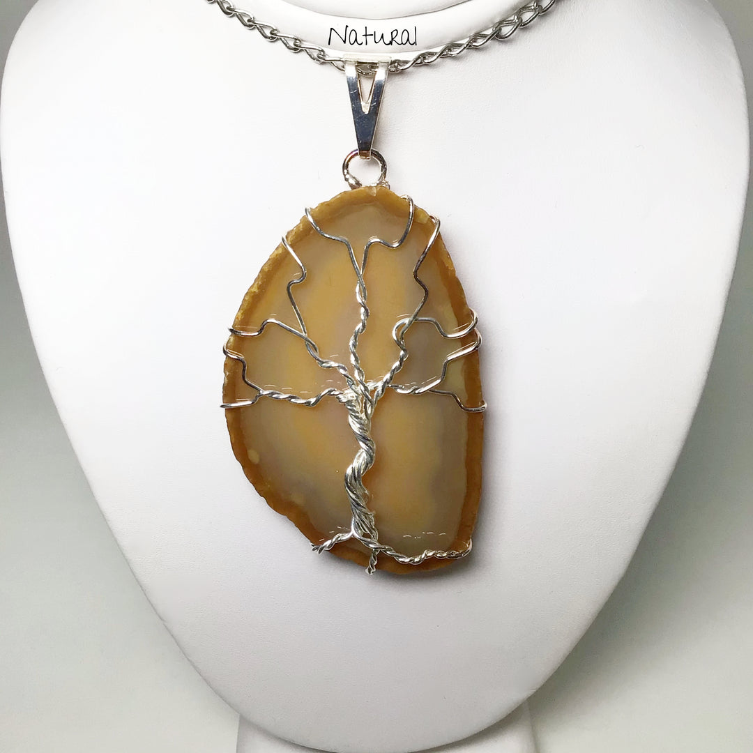 Tree of Life on Agate Slice Necklace - Silver Plated - Rocks and Gems Canada