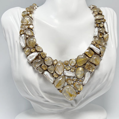 Rutilated Quartz, Citrine and Pearl Necklace and Earrings Set