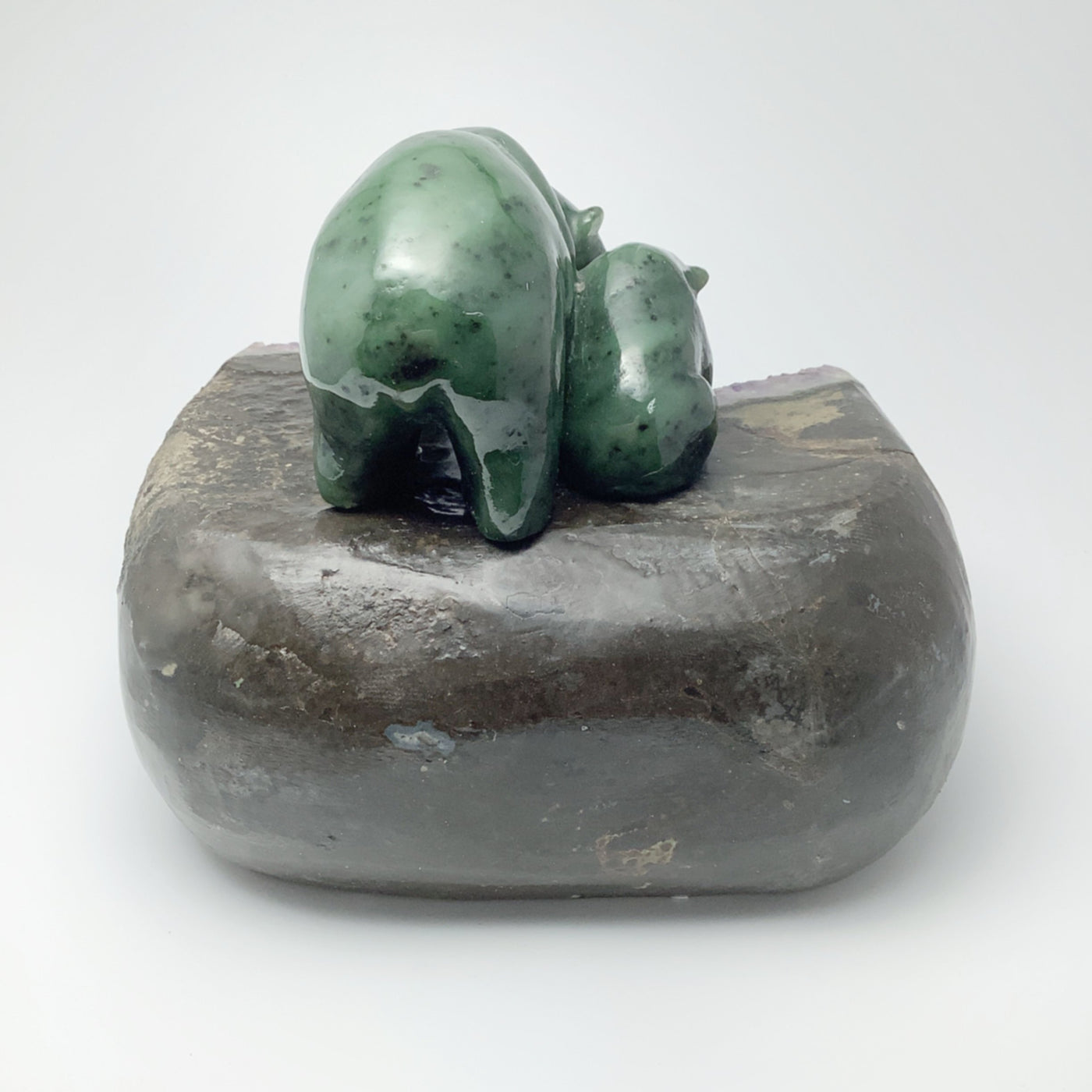Canadian Jade Mother and Cub Bear Carving on Amethyst Base