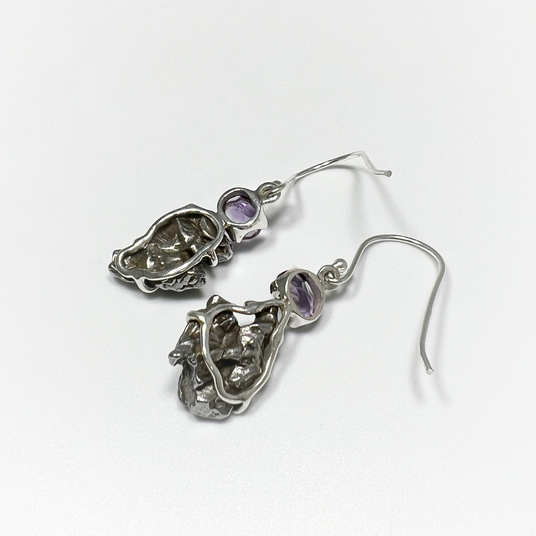 Campo Del Cielo Meteorite and Faceted Amethyst Dangle Earrings - Rocks and Gems Canada