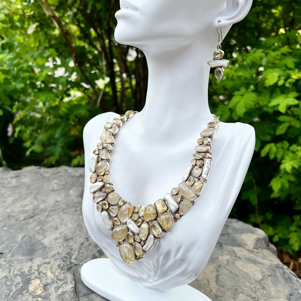 Rutilated Quartz, Citrine and Pearl Necklace and Earrings Set - Rocks and Gems Canada