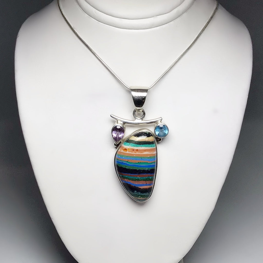 Rainbow Calcite, Blue Topaz and Amethyst Pendant - Rocks and Gems Canada