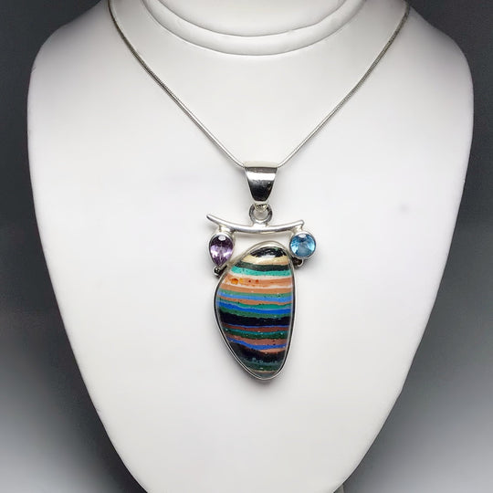 Rainbow Calcite, Blue Topaz and Amethyst Pendant - Rocks and Gems Canada