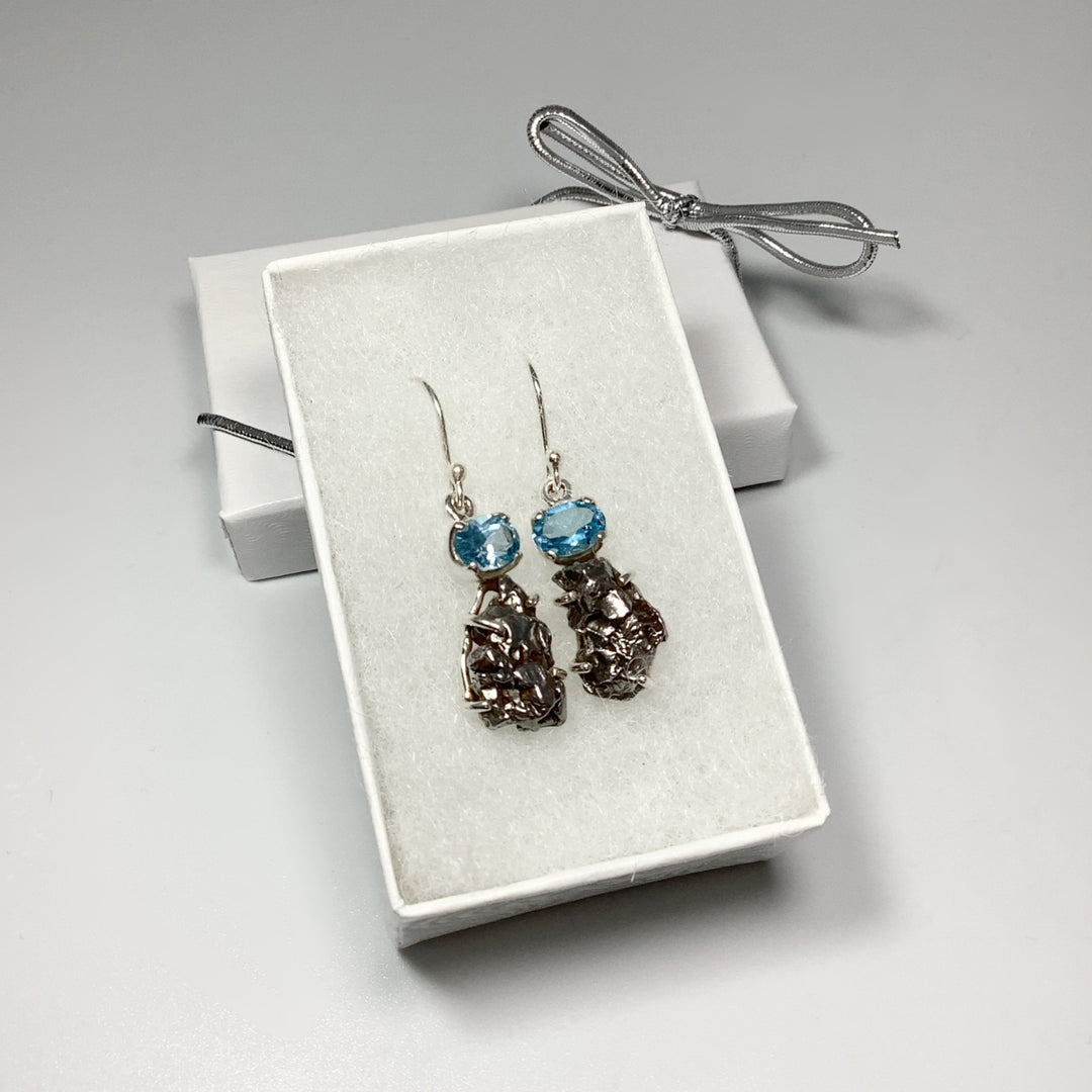 Campo Del Cielo Meteorite and Faceted Blue Topaz Dangle Earrings - Rocks and Gems Canada