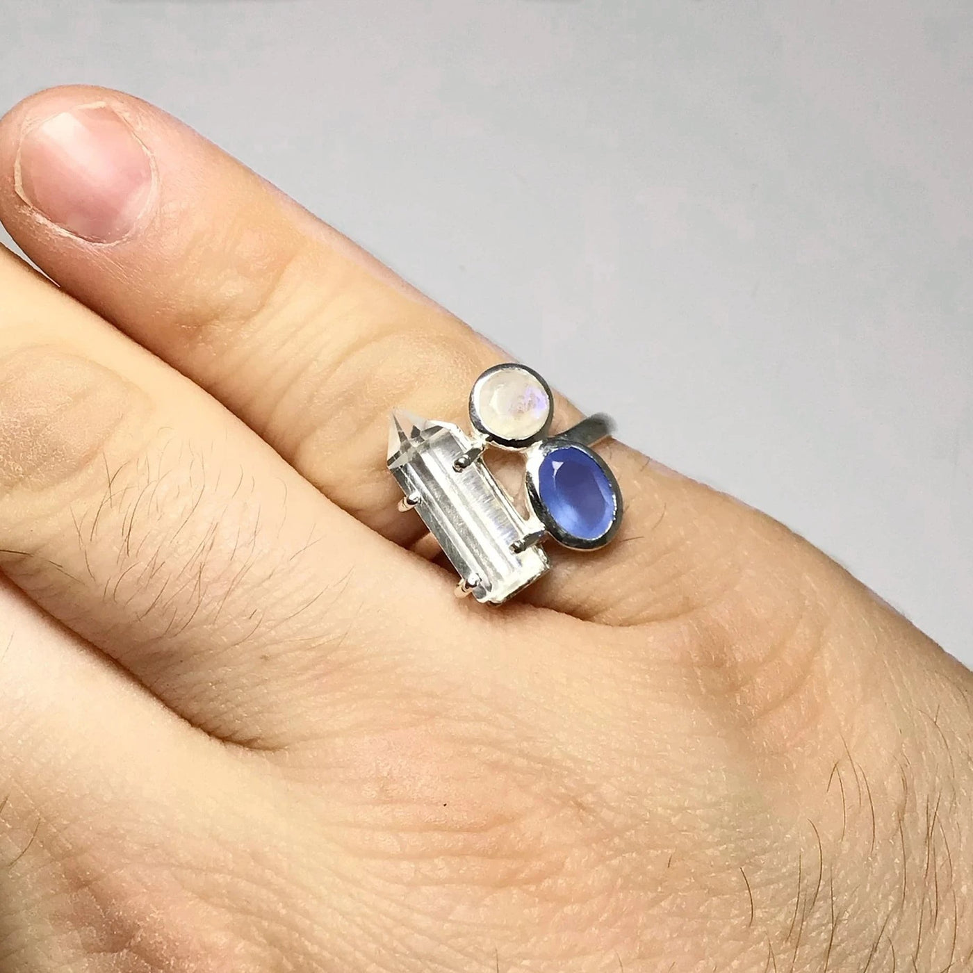 Quartz Point, Moonstone and Blue Chalcedony Ring